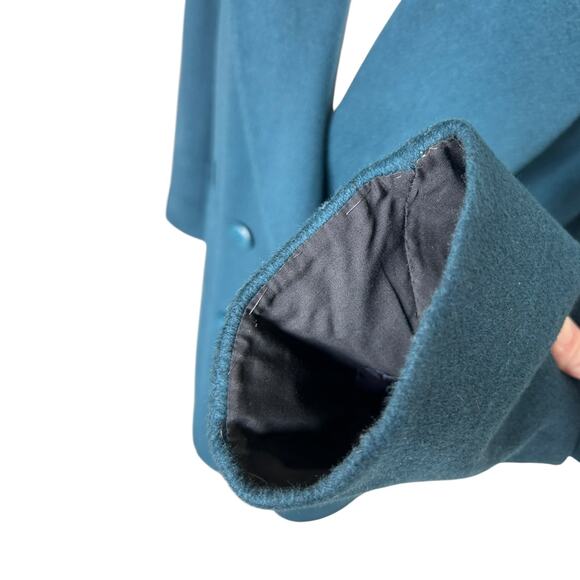 Vintage 80s Alorna Wool Blend Trench Coat Double Breasted Peacock Blue sz M - Picture 4 of 12